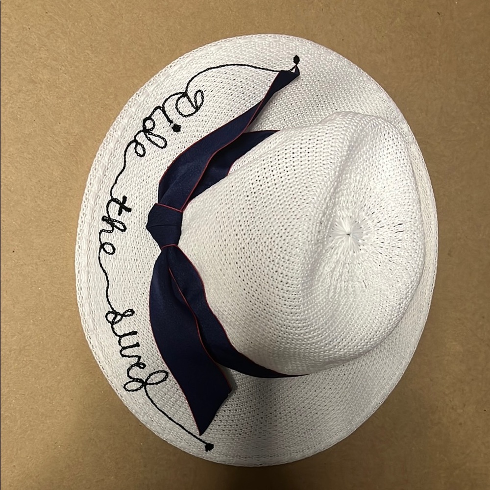 Classic White and Blue Straw Hat with Navy Ribbon